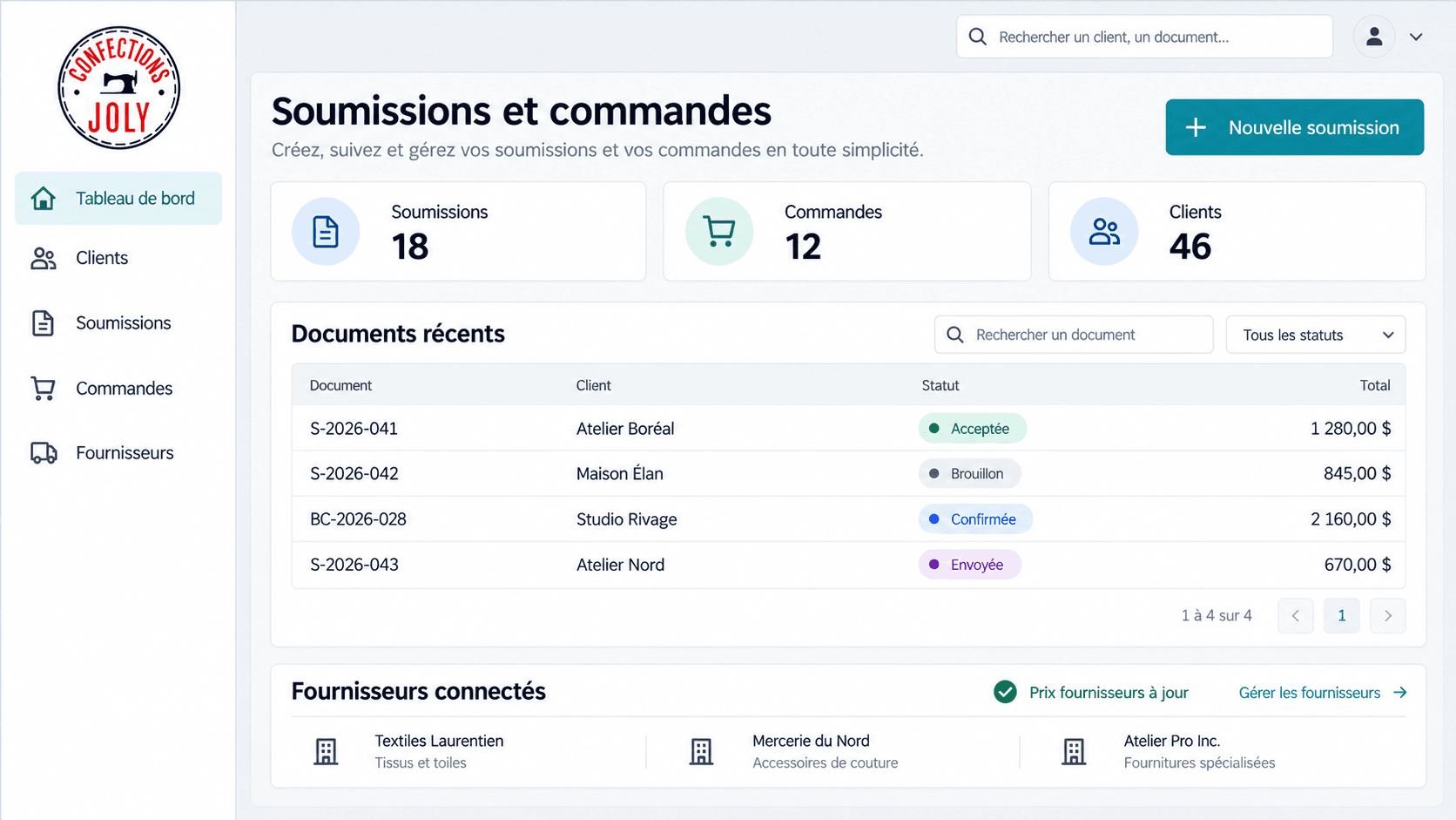 Reconstitution de l’application de soumissions et commandes de Confections Joly